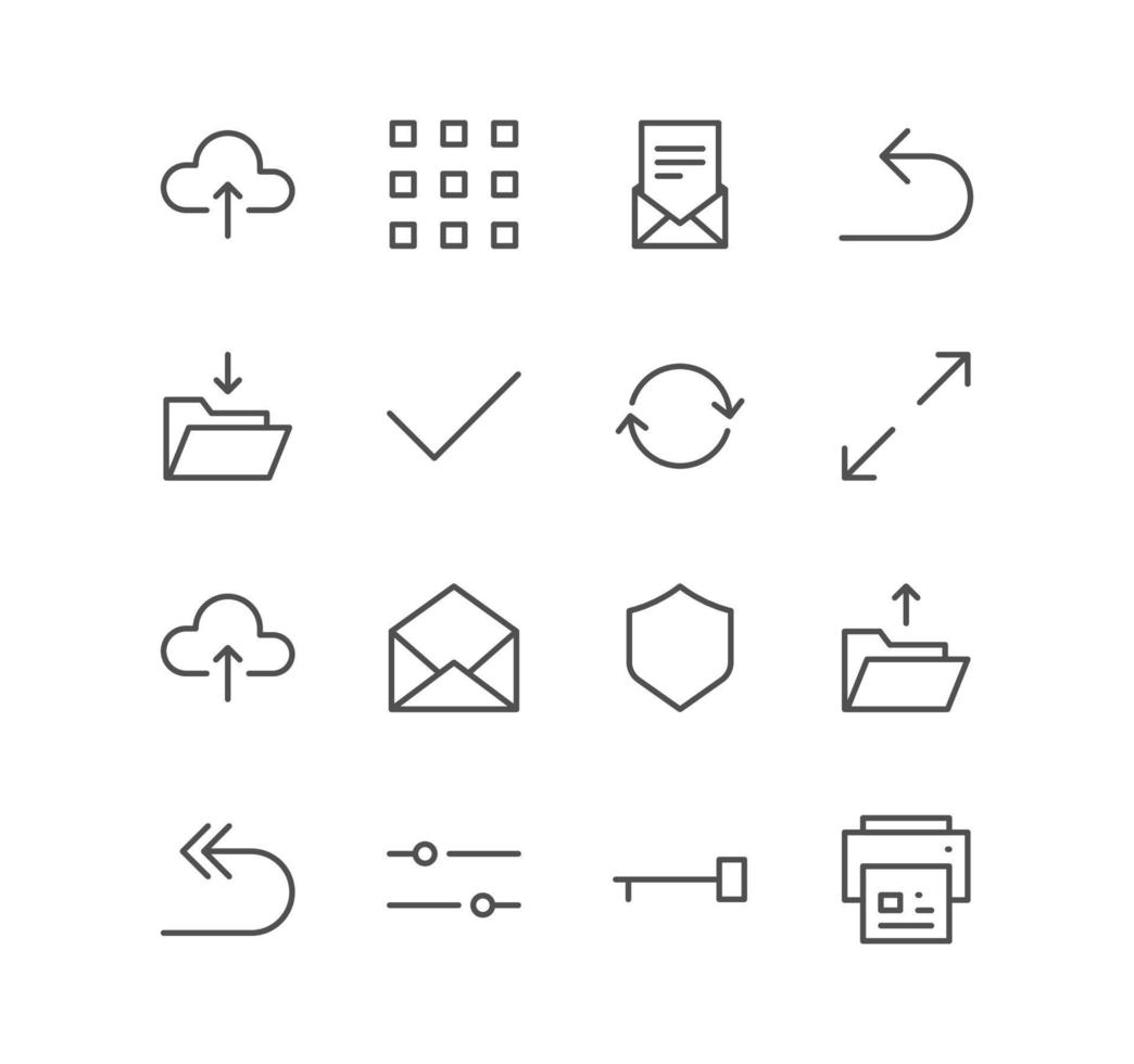 Set of interface and technology icons, cloud, upload, download, back, letter, print, key, mail, approve, shield, protection, size, refresh and linear variety vectors. vector