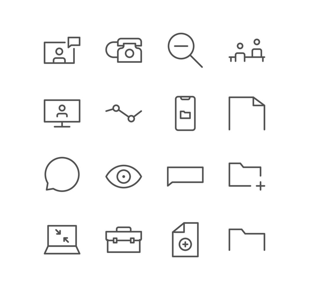 Set of business and communication icons, briefcase, view, presentation, online, chart, document and linear variety vectors. vector