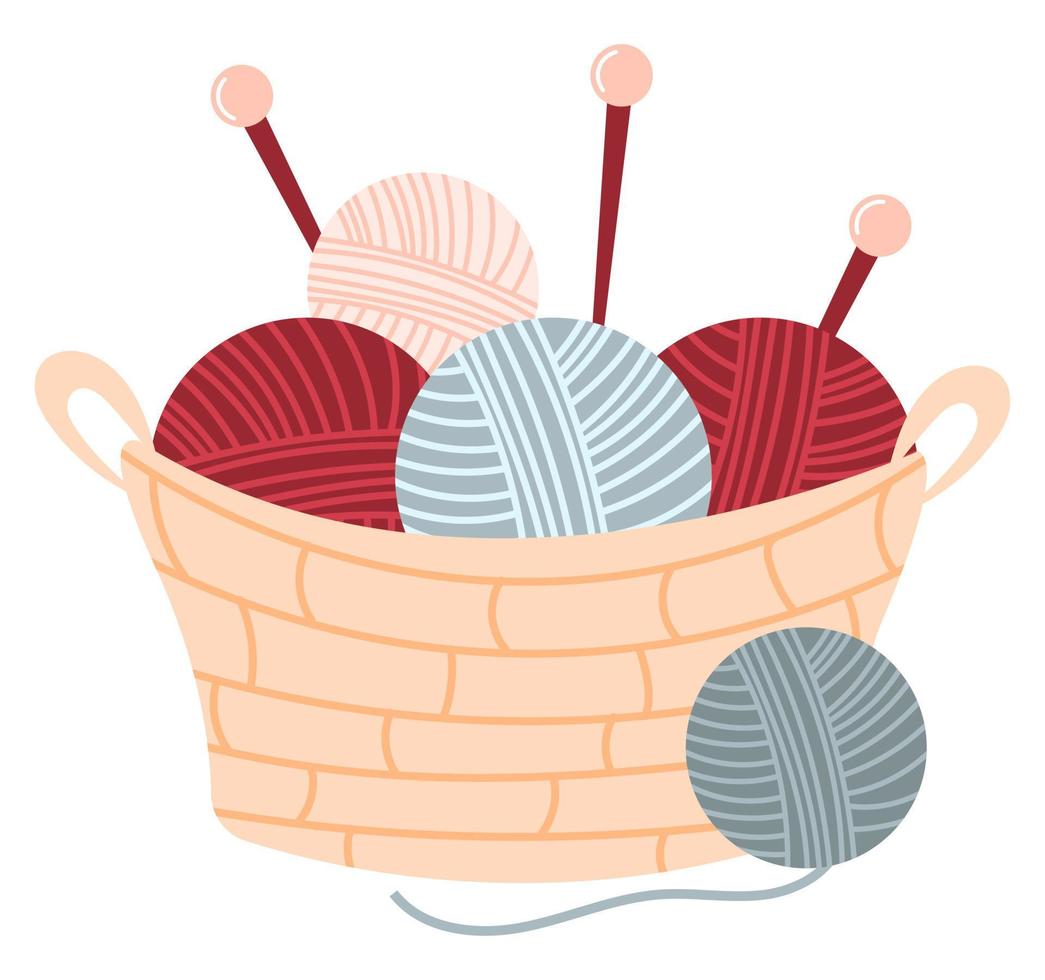 ilustración de una cesta de mimbre llena de materiales para tejer. herramientas artesanales... estilo de dibujo. vector