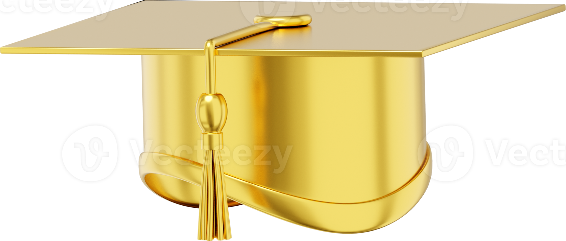 Graduate cap. Mortar board for a student at a university, school, college. 3D rendering. Realistic PNG gold metallic icon on transparent background.