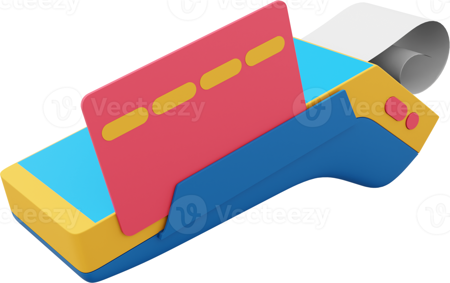 NFC POS Terminal GPRS point with Paper Receipt and a credit card. Mockup screen. Payment Machine. PNG on a transparent background. 3D rendering.