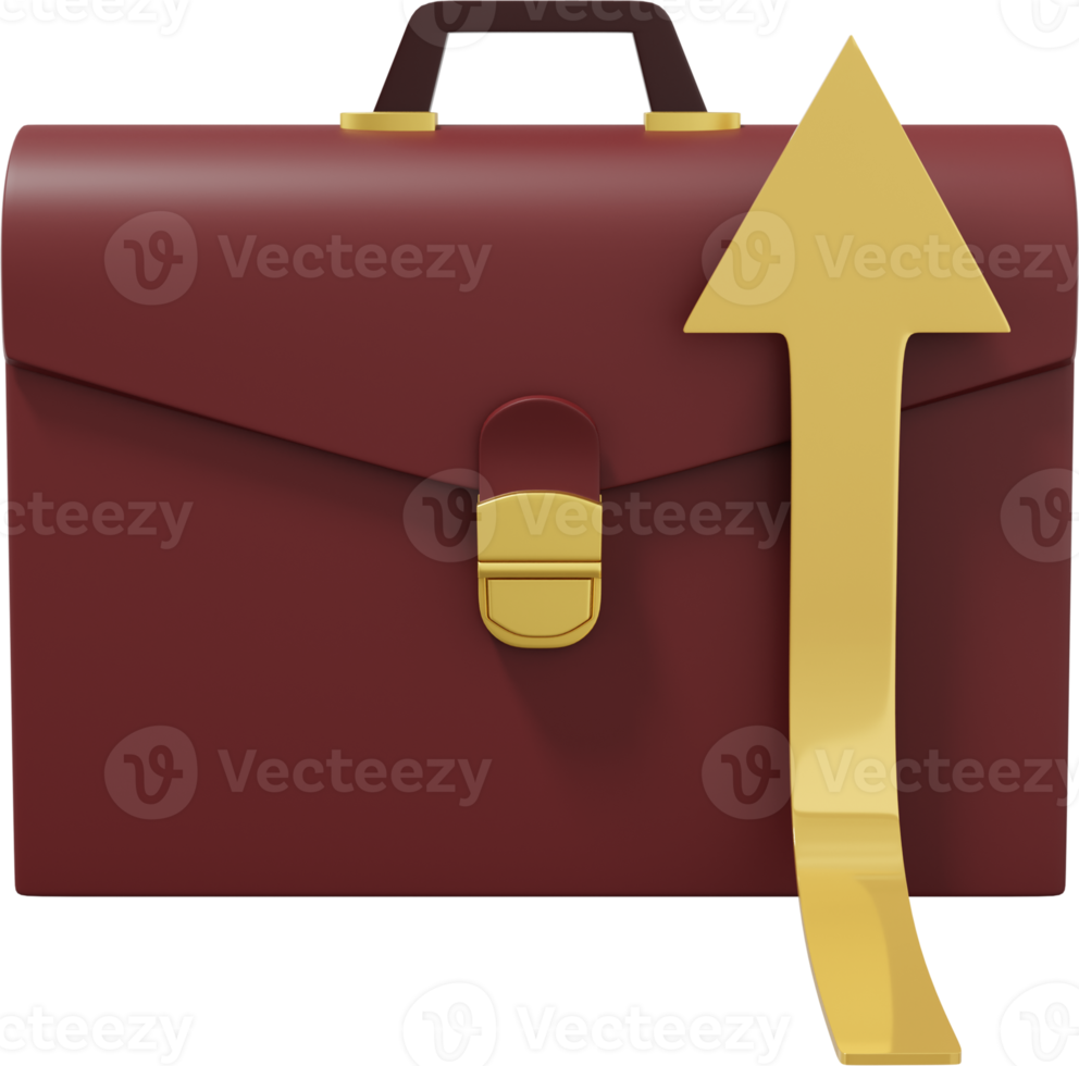 A brown briefcase with a gold arrow growing up, seen from the front. PNG icon on transparent background. Business portfolio success. 3D rendering.