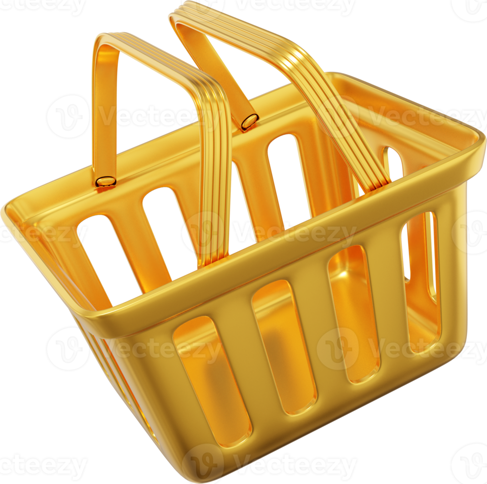 Plastic yellow flying shopping basket with handles. PNG icon on transparent background. 3D rendering.