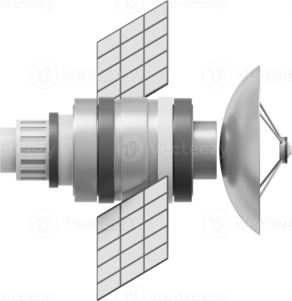 Space satellite with an antenna. Orbital communication station intelligence, research. 3D rendering. Metallic PNG icon on transparent background.