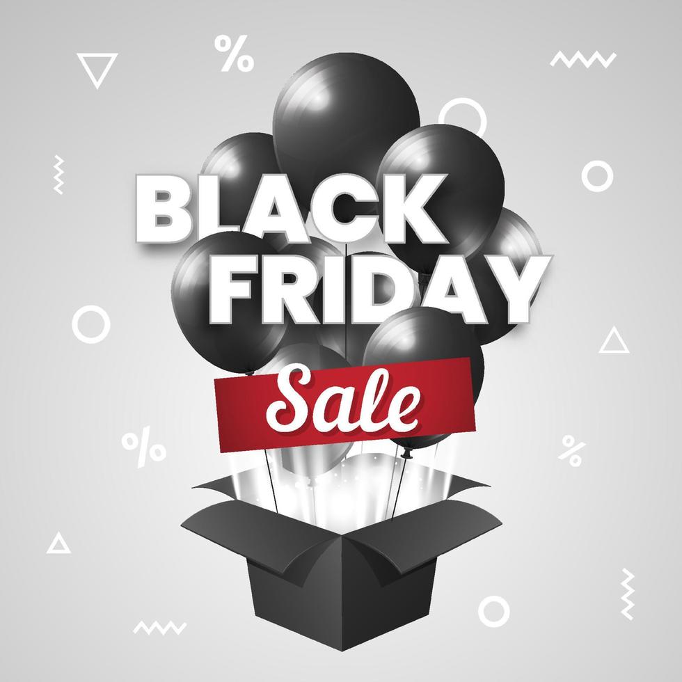 Black Friday Sale with Black Balloons out of Cardboard Box vector