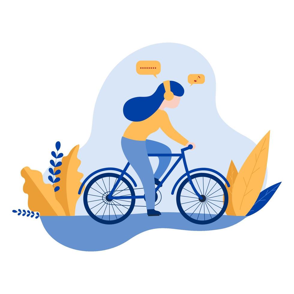 Bicycle riding girl or woman. Park, forest, trees and hills on background. vector