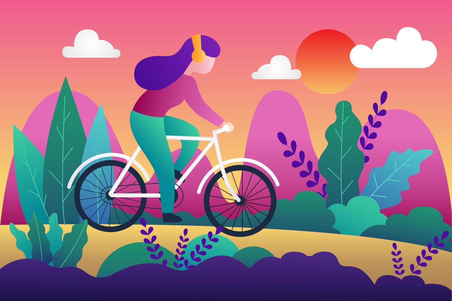 Bicycle riding girl or woman. Park, forest, trees and hills on background. vector