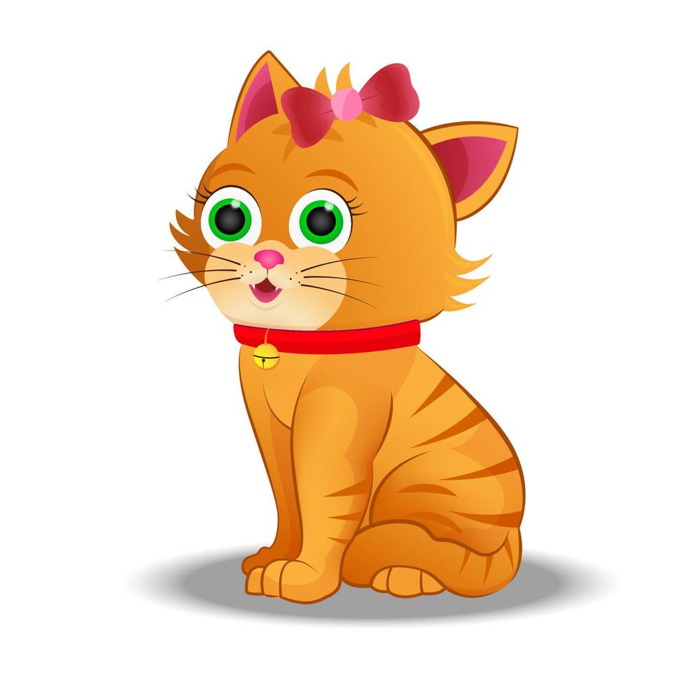 Vector illustration of a funny redhead kitten sitting, smiling or Cute cat wearing a red collar .on a white background