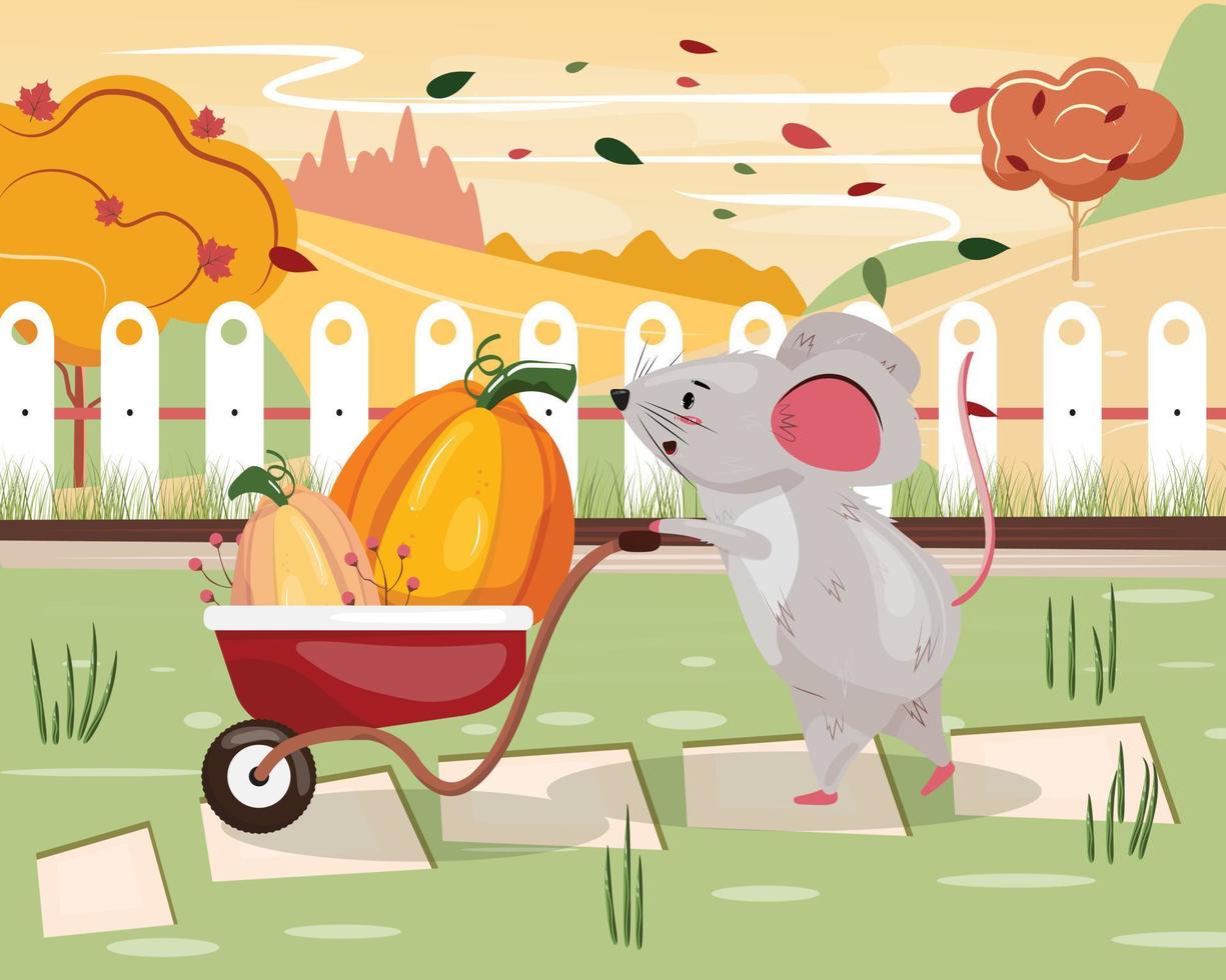Mouse in the garden with a wheelbarrow. Cute little mouse carrying pumpkins and berries in the wheelbarrow. Autumn, summer landscape illustration with the character in flat cartoon illustration. vector