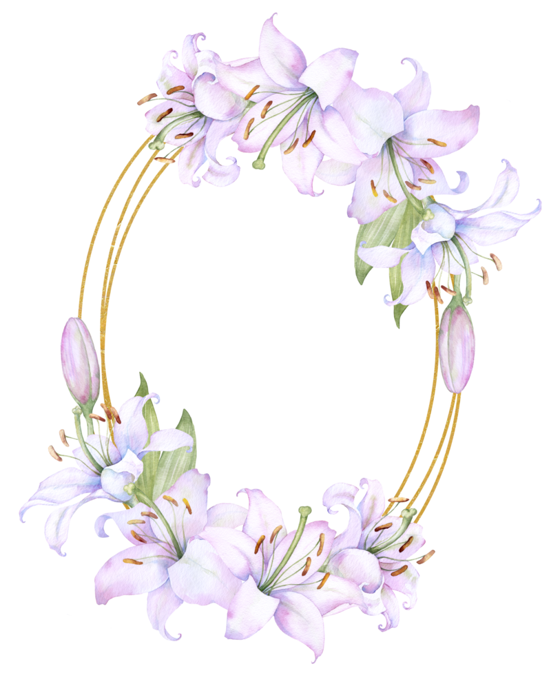 Round gold frame wreath with white and pink lily flowers, watercolor illustration. Isolated on white. Ideal for decorating wedding invitations, albums, and posters png