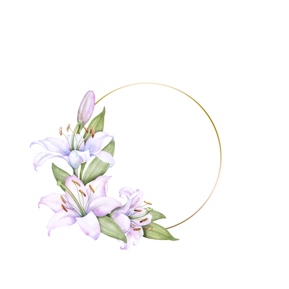 Round gold frame wreath with white and pink lily flowers, watercolor illustration. Isolated on white. Ideal for decorating wedding invitations, albums, and posters png