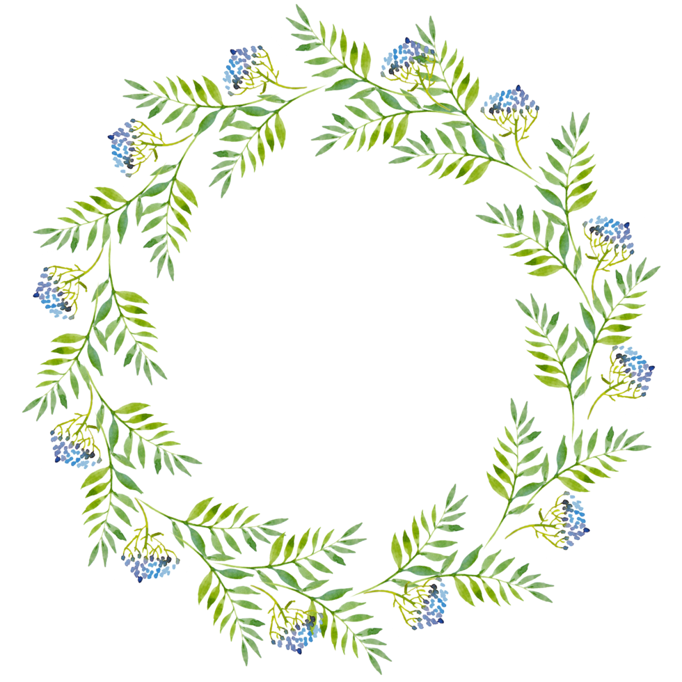 wreath of branches of blue flowers and green leaves,   watercolor illustration. png