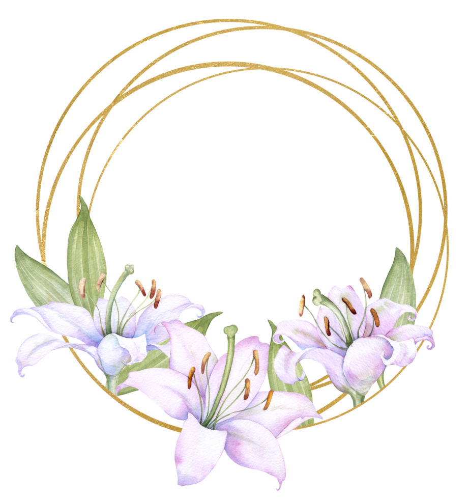 Round gold frame wreath with white and pink lily flowers, watercolor illustration. Isolated on white. Ideal for decorating wedding invitations, albums, and posters png