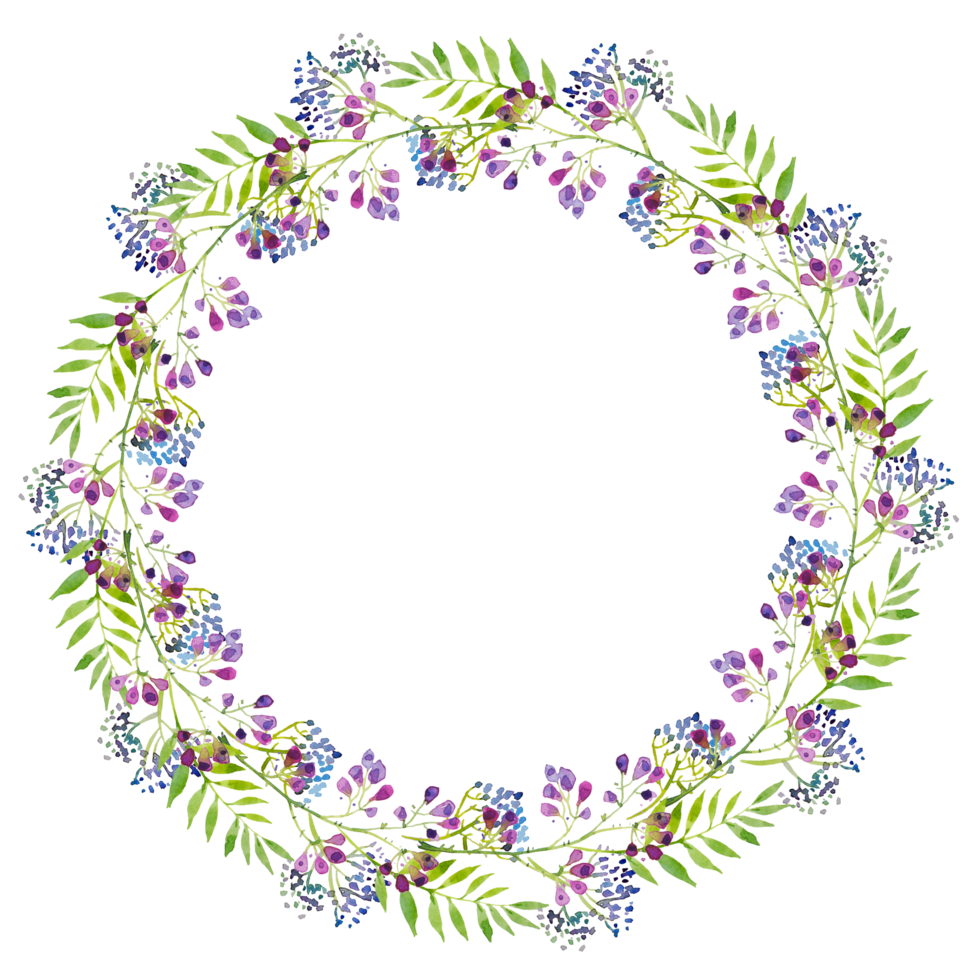 wreath of branches of blue flowers and green leaves,   watercolor illustration. png