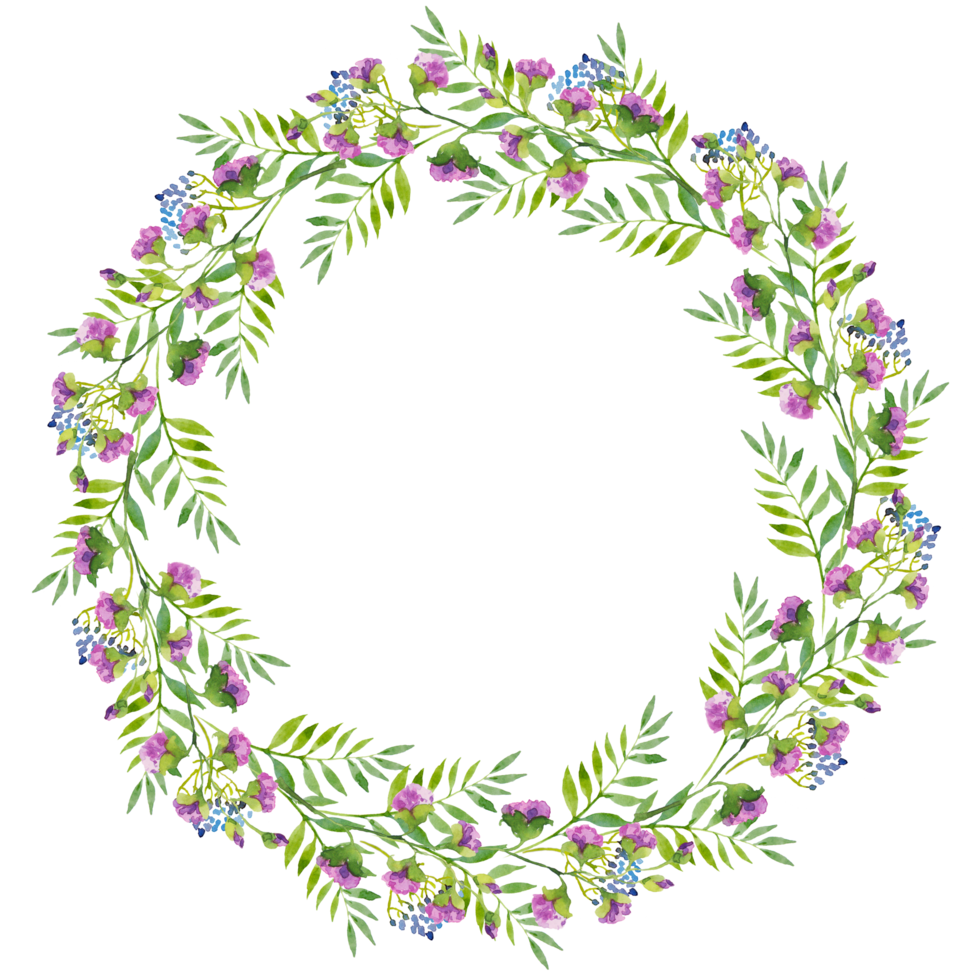 wreath of branches of blue flowers and green leaves,   watercolor illustration. png