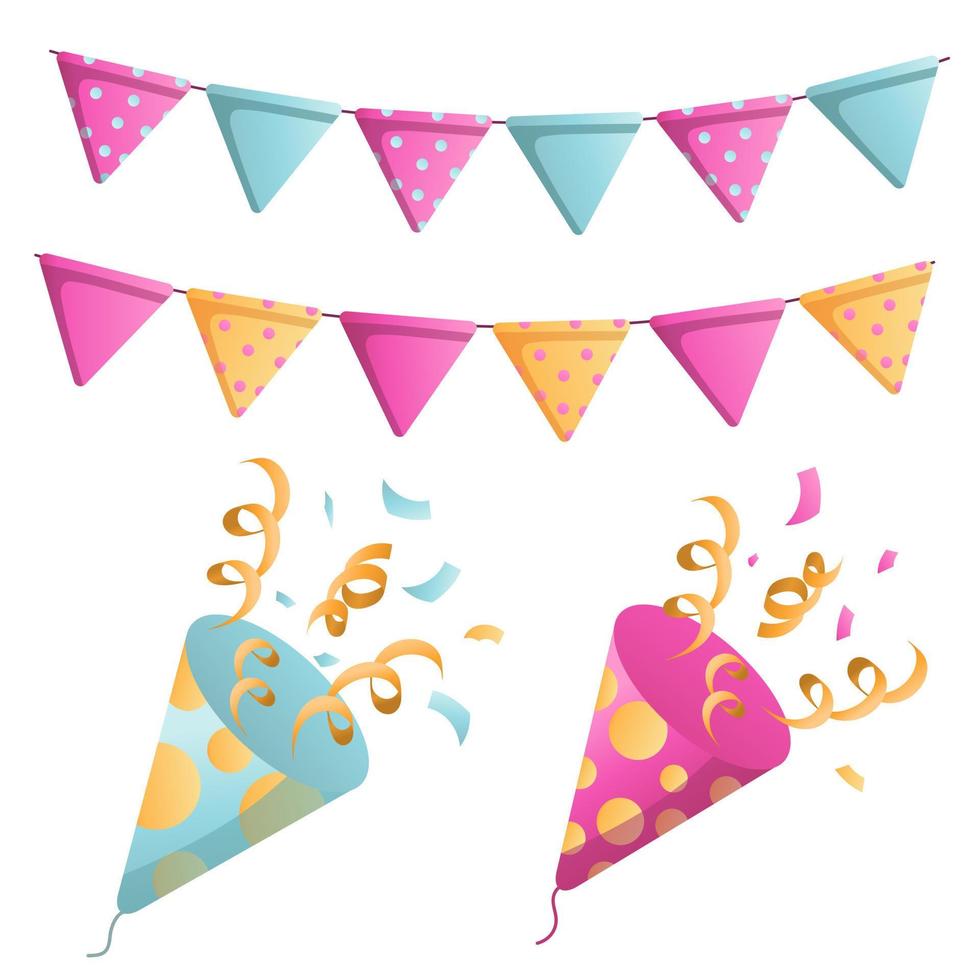 Bright firecrackers with flag garland and confetti vector