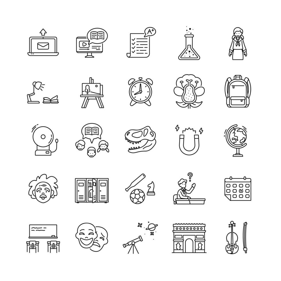 Set of school outline icons. Contains such Icons as prehistoric fossil, magnetism, sports, student asking, school bell, scientist, theater mask, globe, arc de triomphe etc. pixel perfect at 64x64. vector