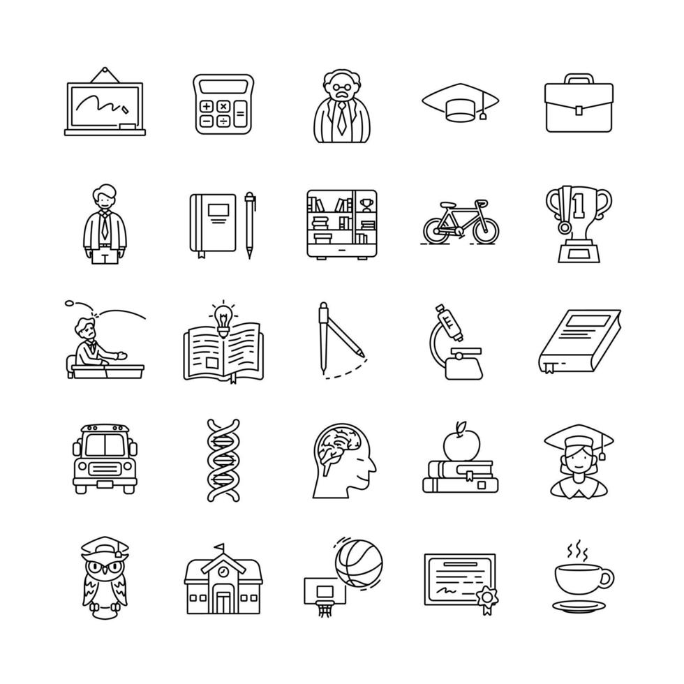 Set of school outline icons. Contains such Icons as whiteboard, teacher, student, graduation, breakfast, bus, certificate, bullying etc. pixel perfect at 64x64. vector