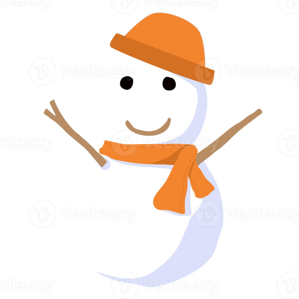 snowman with wooden stick hand, cap, and scarf for winter decoration png