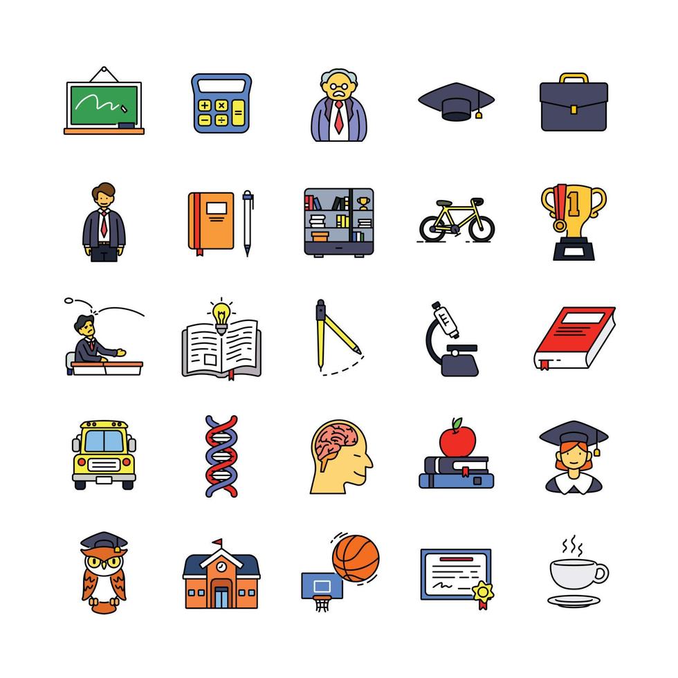 conjunto de iconos de contorno de la escuela. contiene íconos como pizarra, maestro, estudiante, graduación, desayuno, autobús, certificado, intimidación, etc. píxel perfecto en 64x64. vector