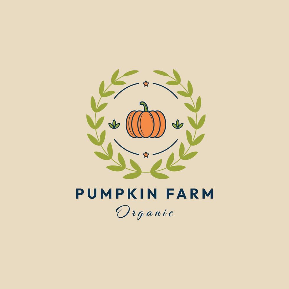 pumpkin farm vintage logo with leaf vector illustration design