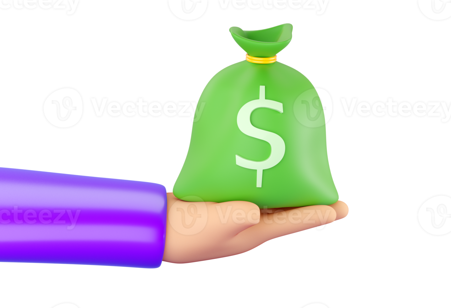 3d human hand holding green plastic Money Bag with dollar sign. Business, saving, money, banking, finance investment and services concept. Realistic 3d isolated high quality render png