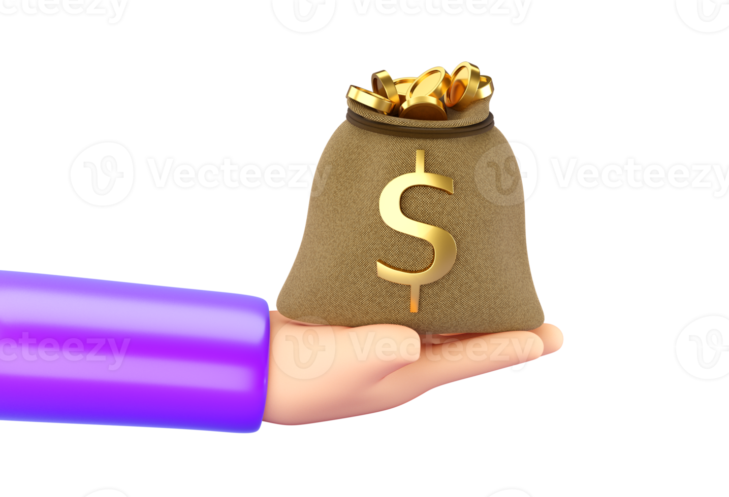 3d human hand holding open Money Bag with gold dollar sign. Business, saving, money, banking, finance investment and services concept.  Realistic 3d isolated high quality render png