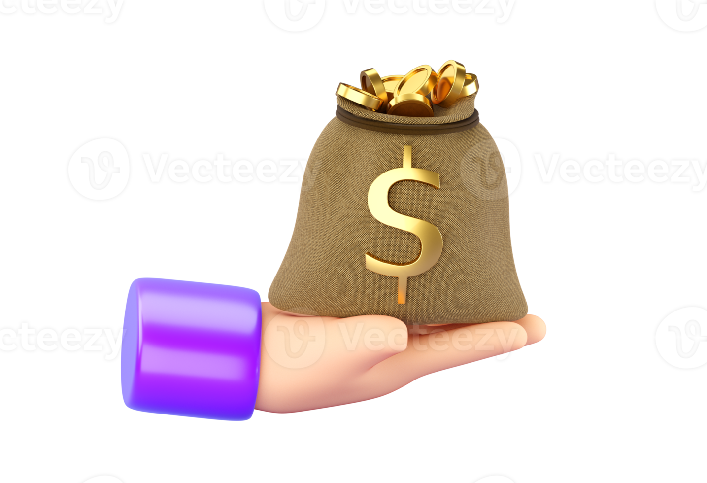 Mano humana 3D sosteniendo una bolsa de dinero abierta con un signo de dólar dorado. concepto de negocios, ahorro, dinero, banca, inversión financiera y servicios. renderizado 3d aislado de alta calidad realista png