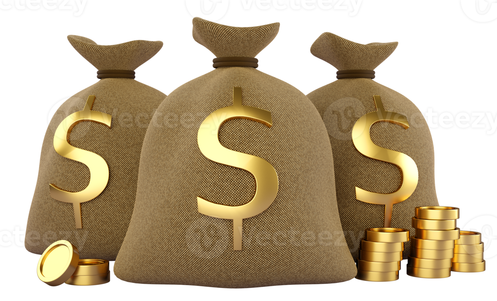 3d Money Bag with gold dollar sign and coins stacks. Business, saving, money, banking, finance investment and services concept. Profit and growth design idea. Realistic 3d isolated high quality render png