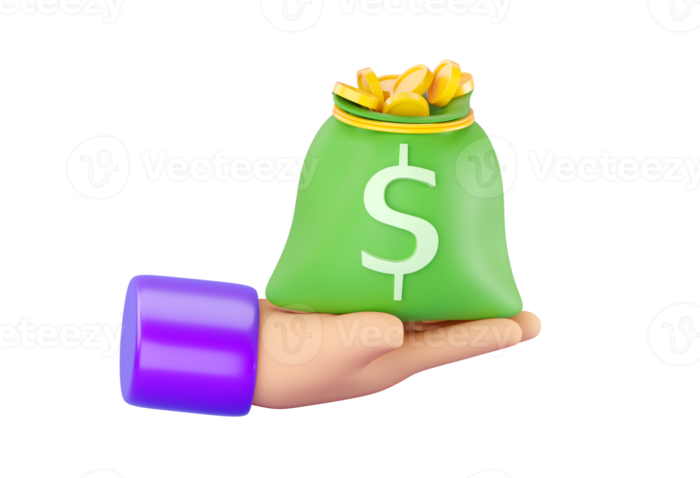 Mano humana 3d sosteniendo una bolsa de dinero abierta de plástico verde con signo de dólar. concepto de negocios, ahorro, dinero, banca, inversión financiera y servicios. renderizado 3d aislado de alta calidad realista png