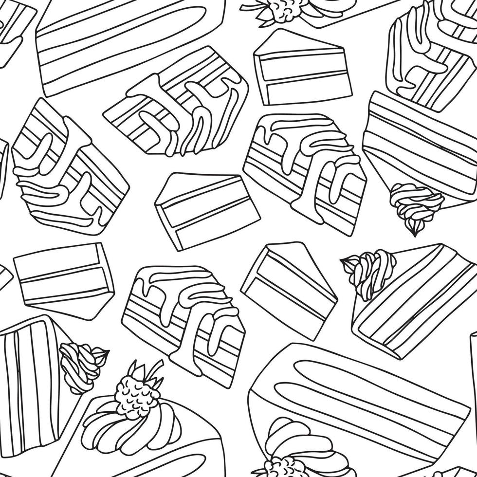 Seamless pattern with piece of cake in hand draw doodle outline style. Vector illustration.