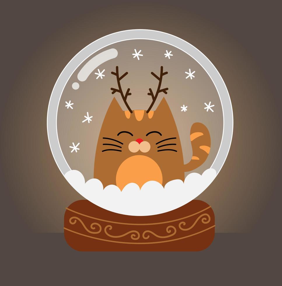 Snow globe with funny cat and winter landscape. vector