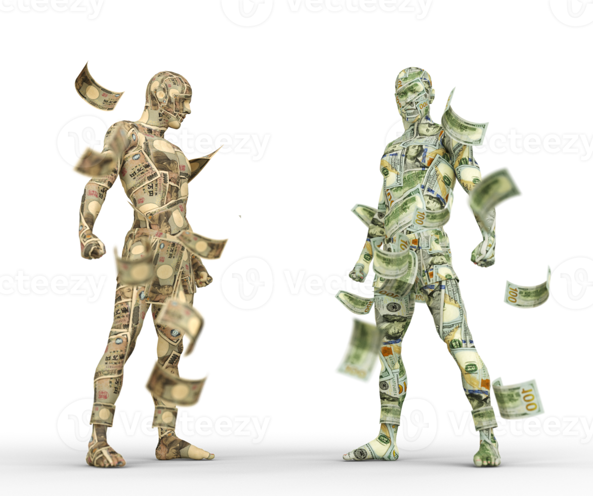 US Dollar vs Japanese yen, Forex trading, currency pairing, human characters made of money, 3d rendering png