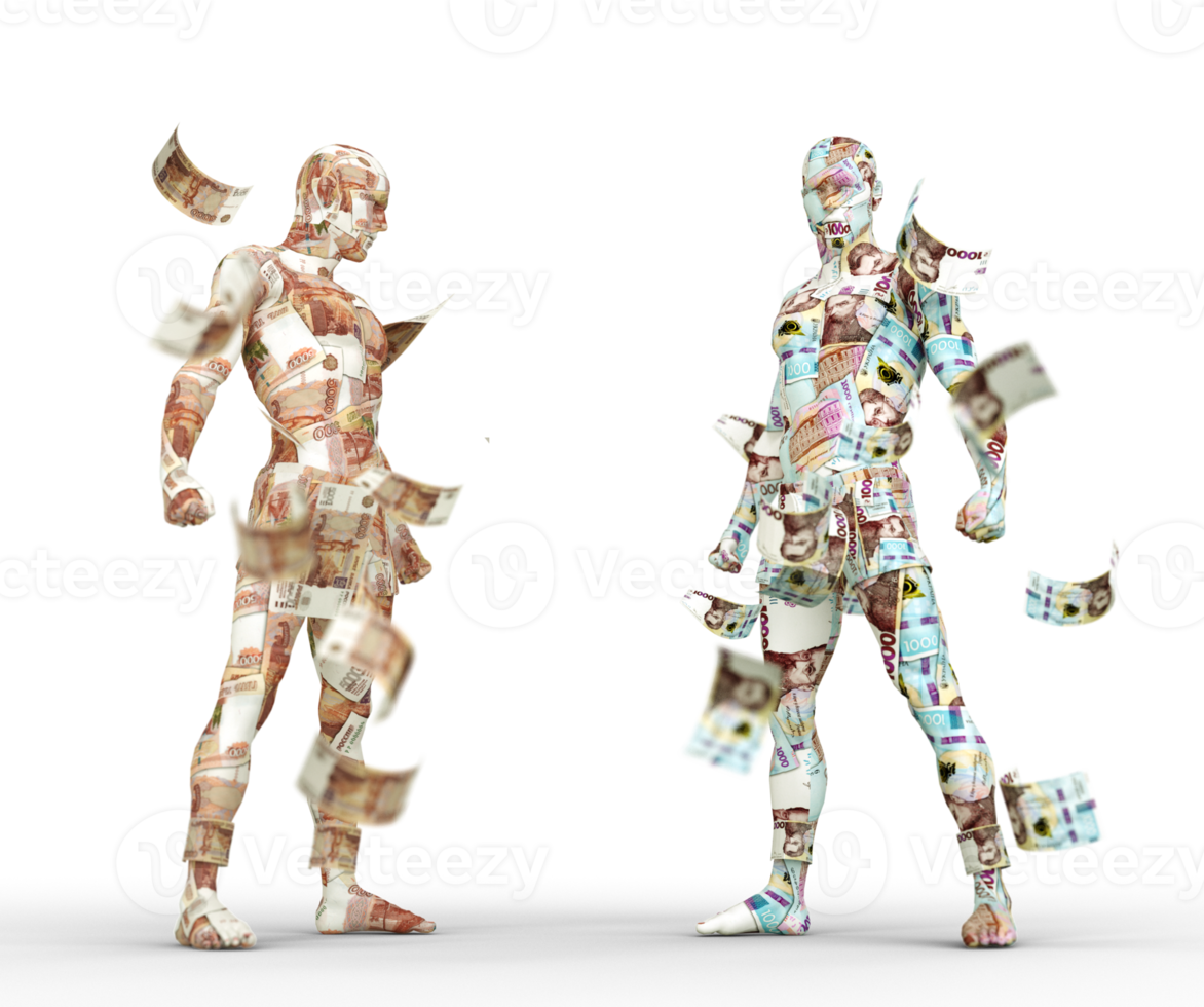 hryvnia ucraniana vs rublo ruso, comercio de divisas, emparejamiento de divisas, personajes humanos hechos de dinero, representación 3d png