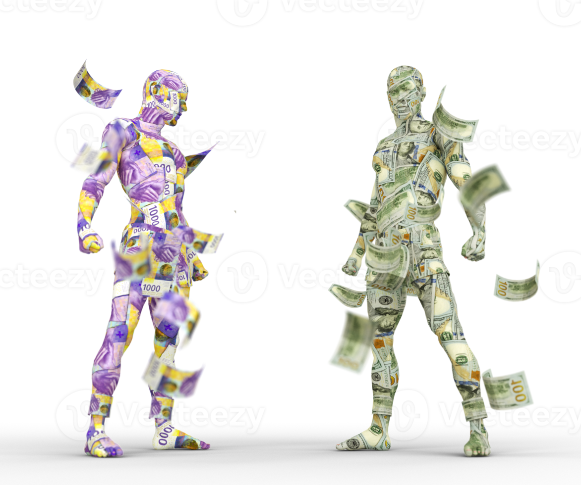 US Dollar vs Swiss franc, Forex trading, currency pairing, human characters made of money, currency fight, 3d rendering png