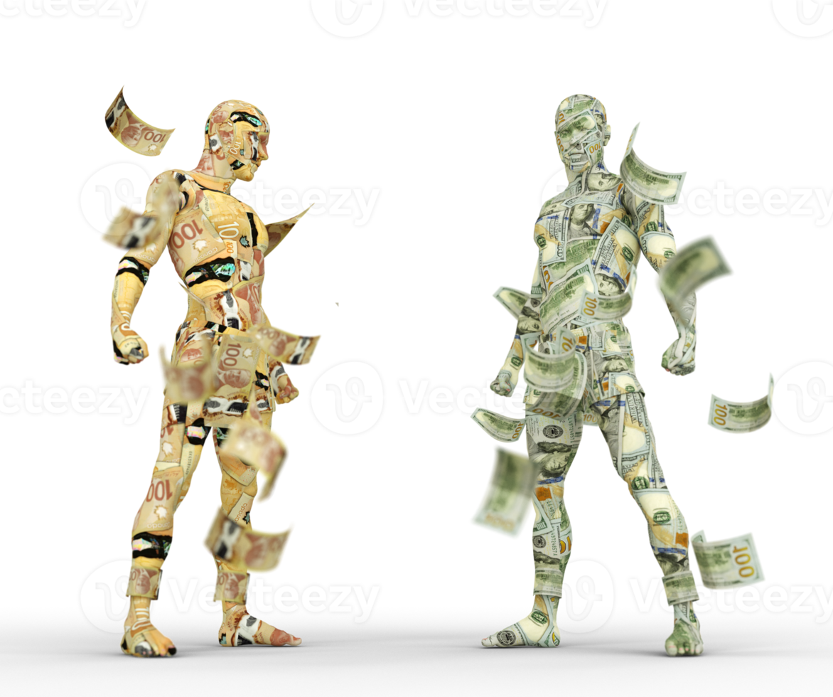 dólar americano vs dólar canadense, negociação forex, emparelhamento de moedas, personagens humanos feitos de dinheiro, renderização em 3d png