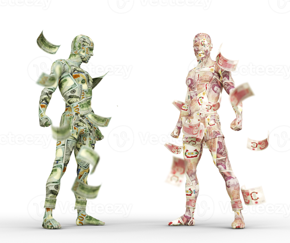 Us dollar vs British pound, Forex trading, currency pairing, human characters made of money, 3d rendering png