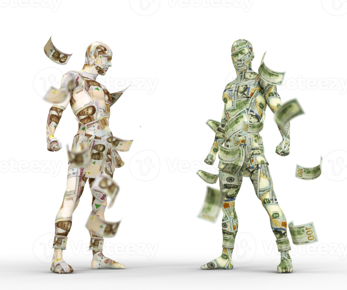 US Dollar vs Nigerian naira, Forex trading, currency pairing, human characters made of money, currency fight, 3d rendering png