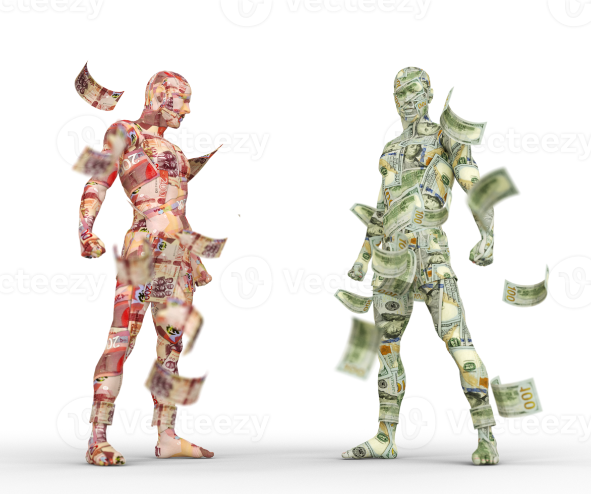 dólar americano vs cedi ganês, negociação forex, emparelhamento de moedas, personagens humanos feitos de dinheiro, luta cambial, renderização em 3d png