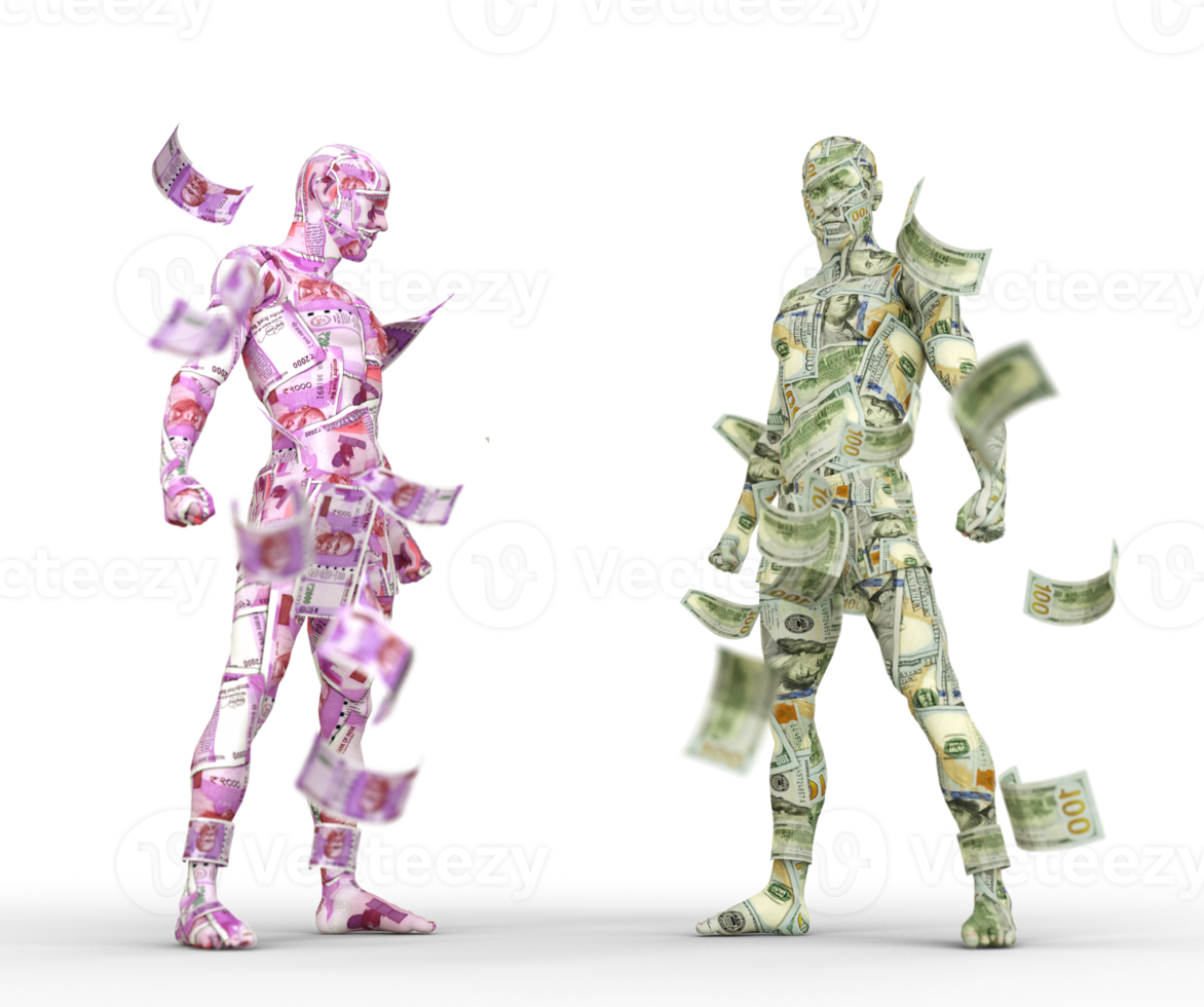 US Dollar vs Indian rupee, Forex trading, currency pairing, human characters made of money, 3d rendering png