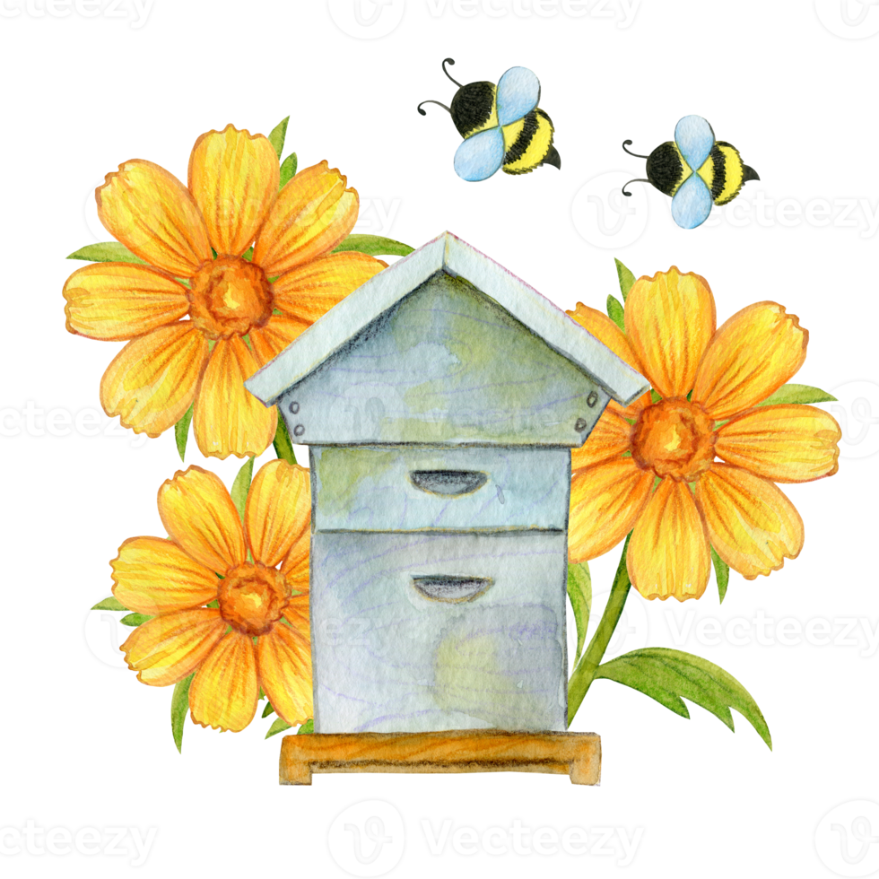 Old wooden house for bees, yellow calendula flowers, honey collection, watercolor painting in cartoon style, isolated on a white background png