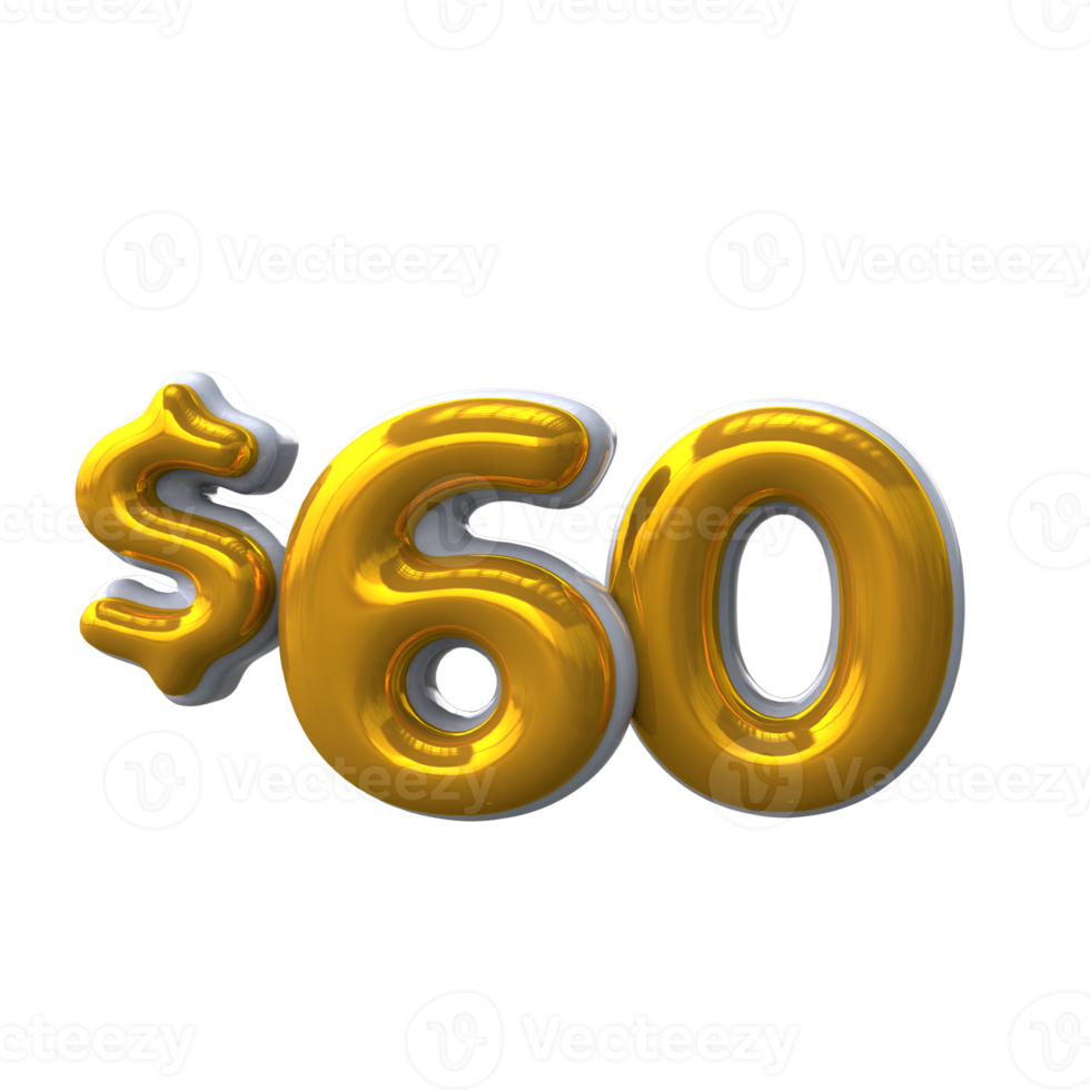 60 dollar 3D number with yellow color png