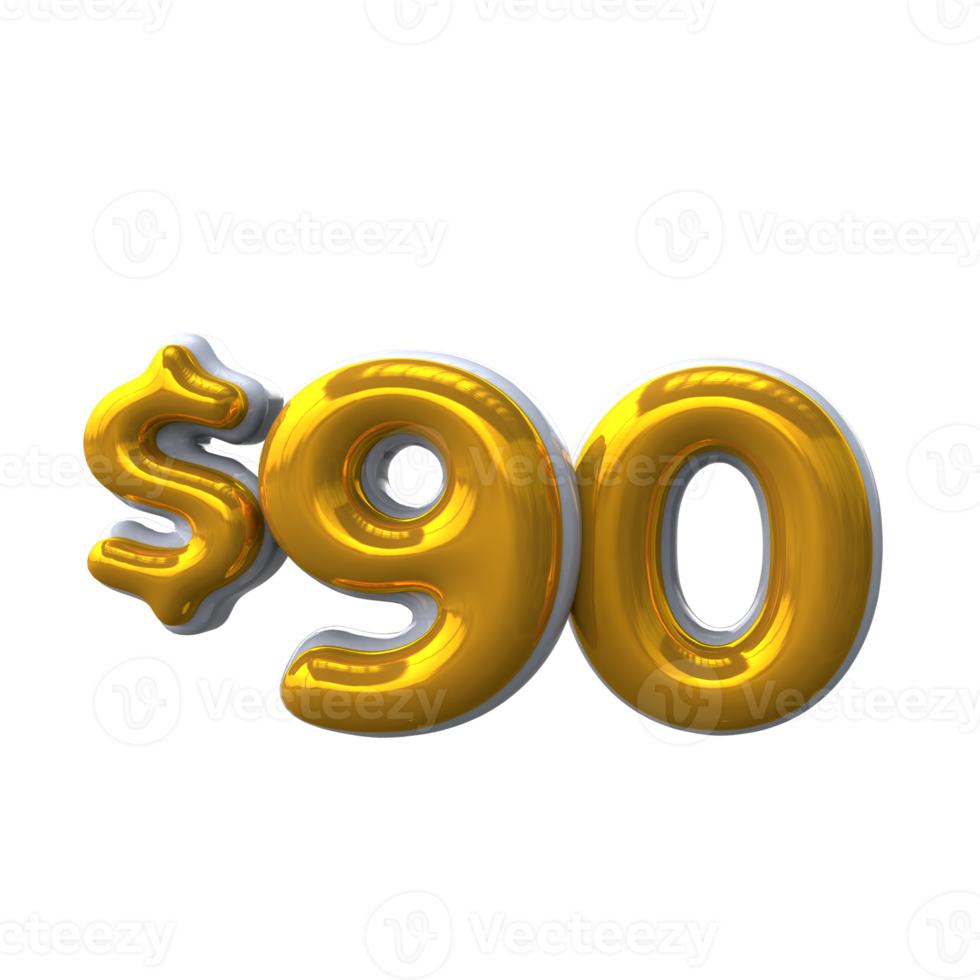 90 dollar 3D number with yellow color png