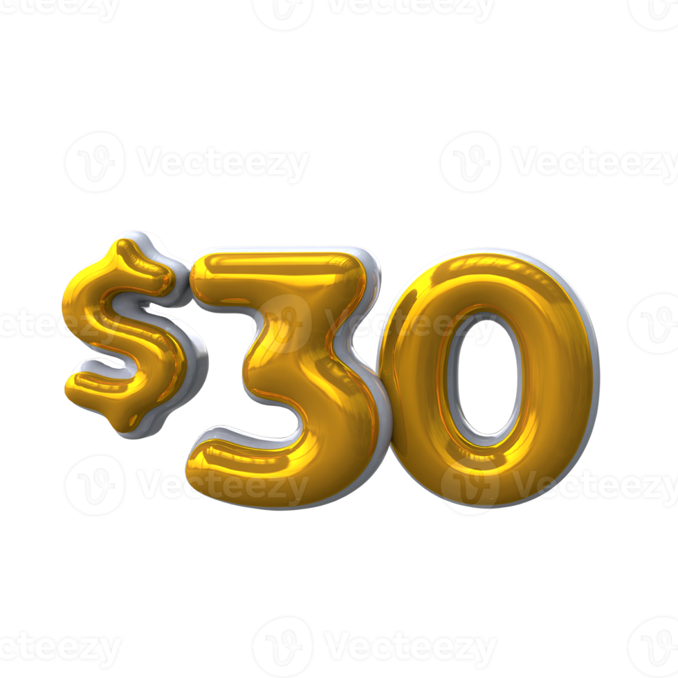 30 dollar 3D number with yellow color png