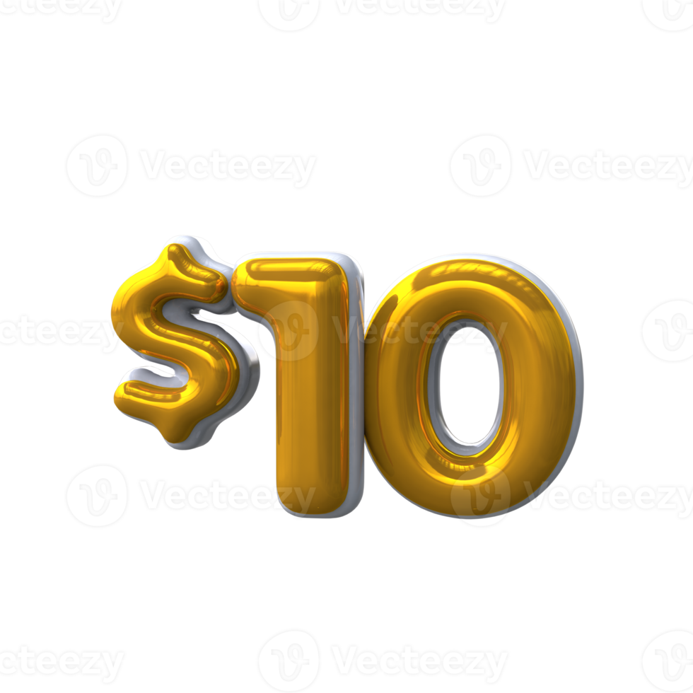 10 dollar 3D number with yellow color png
