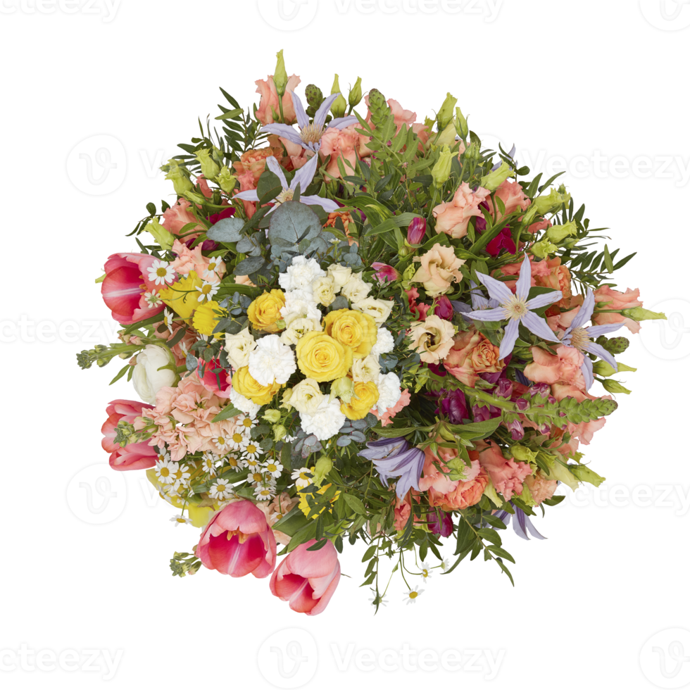 bouquet de fleurs fraîches et colorées en fleurs belle première isolée sur fond noir avec un tracé de détourage png