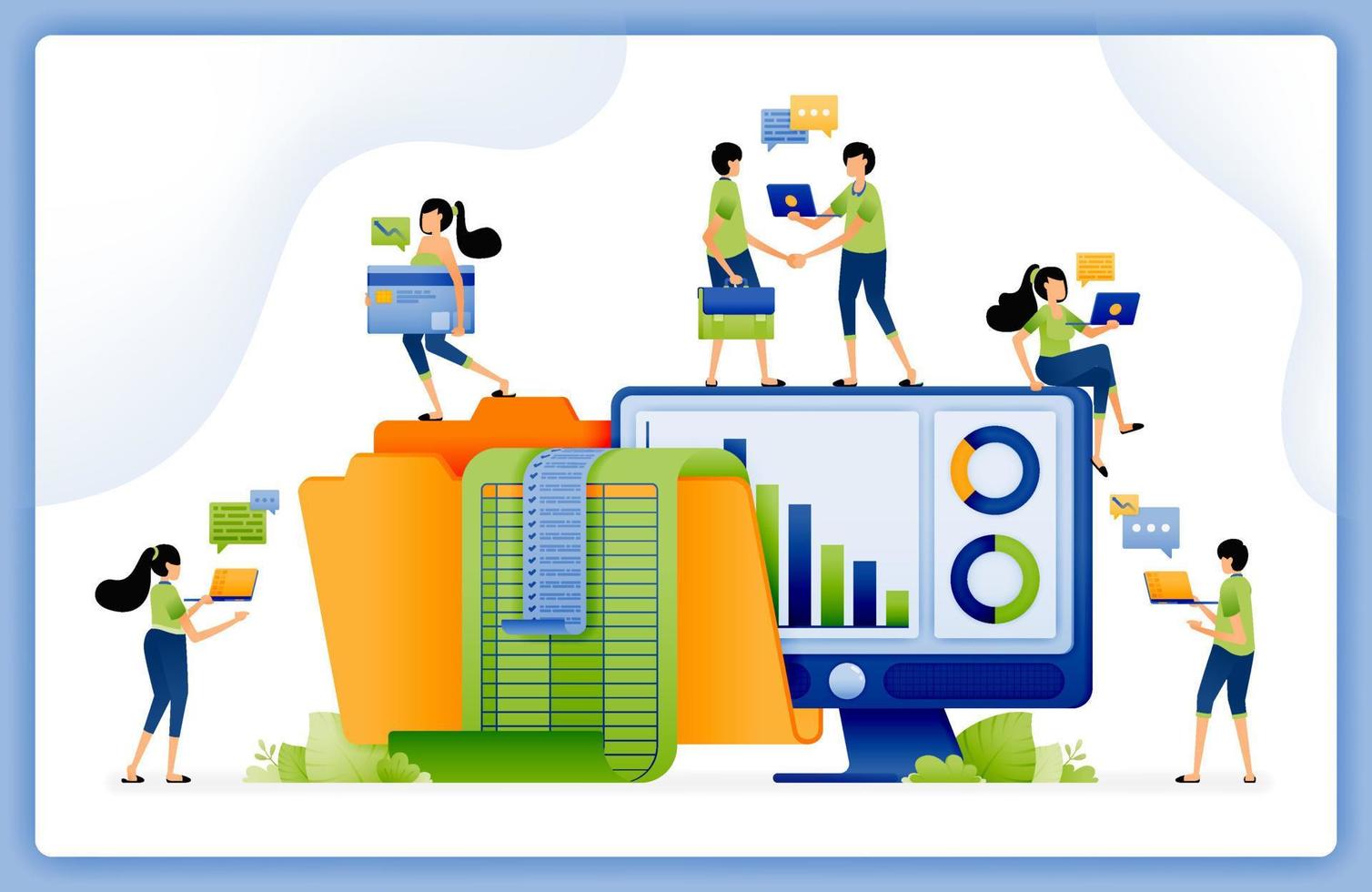 illustration of people planning and analyzing financial spreadsheet reports stored in folders using accounting software. design can be used for landing page, startup apps, web page, ads vector