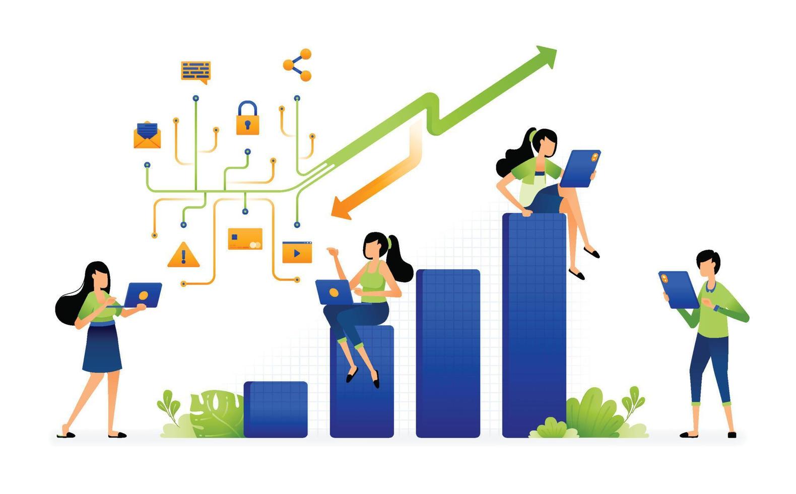 illustration of Analysis and research of all possible sales increase on sales reports for company meetings. design can be used for landing page, startup apps, web page, ads vector