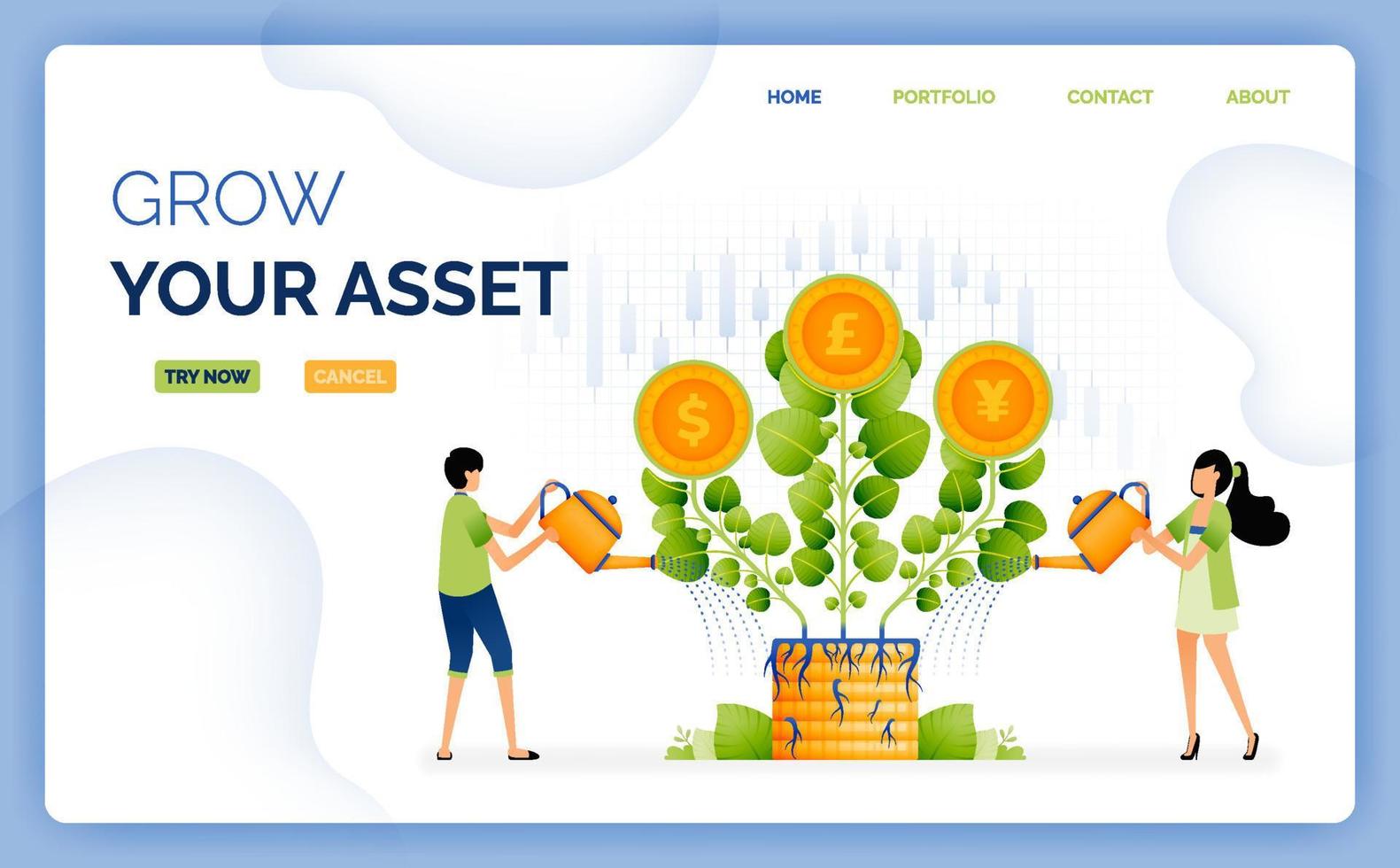 illustration of a couple watering piles of money to grow productive assets on investment. design can be used for landing page, startup apps, web page, ads vector