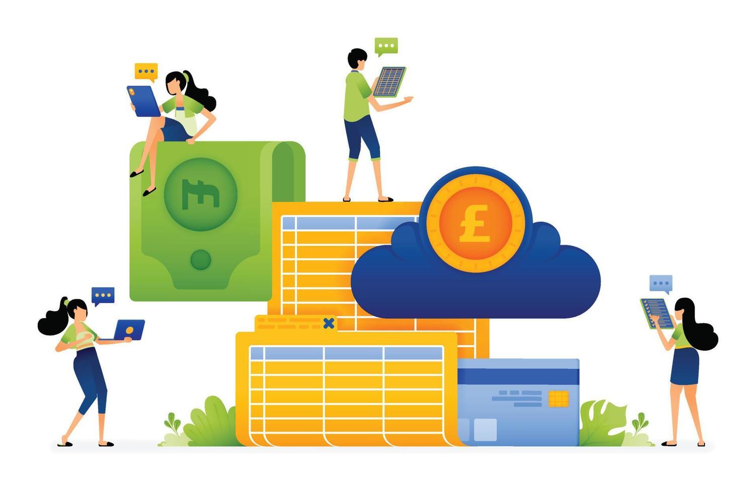 illustration of financial bookkeeping with cloud for more controlled budgeting and purchasing needs. design can be used for landing page, startup apps, web page, ads vector